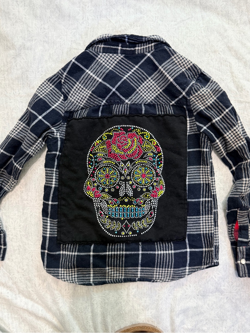Butter Super Soft Girls Small 7/8 Plaid Flannel Shirt Rhinestone Sugar Skull